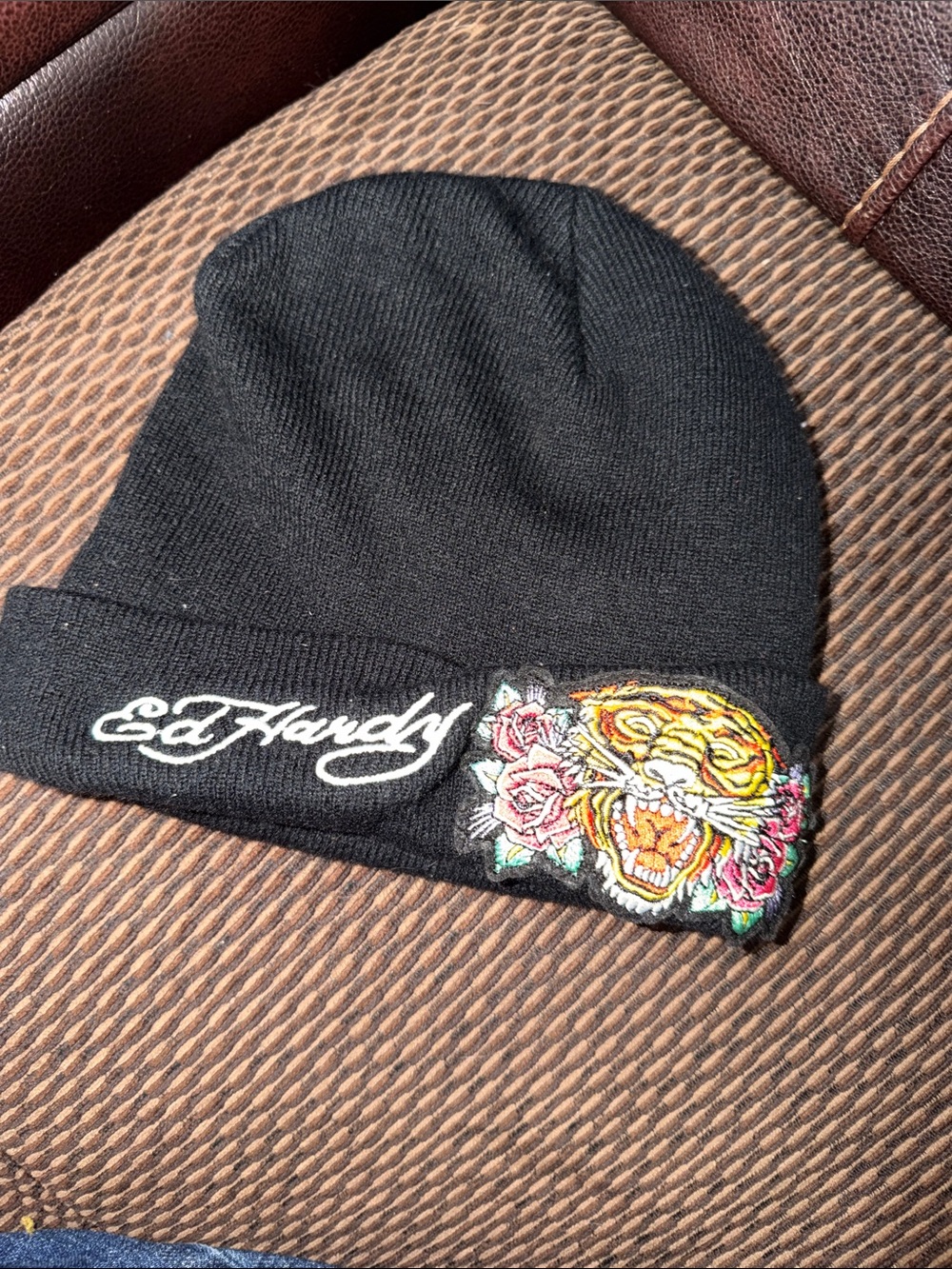 Ed Hardy Black Beanie with Embroidered Tiger & Roses Patch